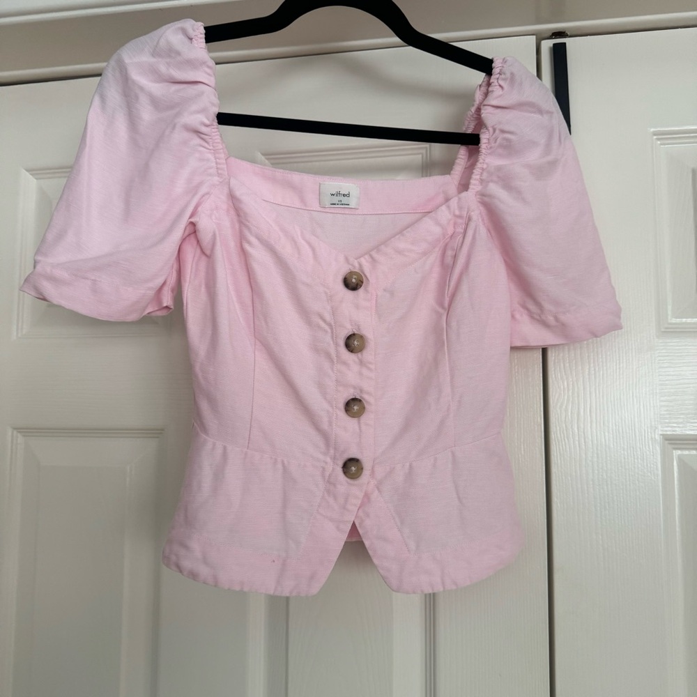 Aritzia Wilfred Janine Linen-Blend Puff Sleeve Button-Front Blouse Light Pink - Picture 2 of 6